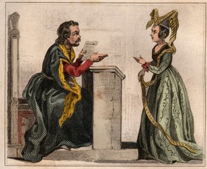 Jehan Pastoret (1328-1405), ordförande för Parisparlamentet under Karl V:s regering med en ädel kvinna, klädd i en liripion. Gravyr från 1859 i "" Le Monde. Alla folks historia från de mest avlägsna tiderna till våra dagar”. av M. E. de Lostal av Anonymous Anonymous