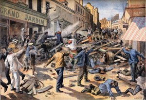 Kravalldag i Villeneuve Saint Georges (Villeneuve-Saint-Georges). Gravyr från tidningen "" Le Peute Parisien"" av Anonymous Anonymous