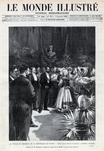 Sadi Carnots (1837-1894) resa till Savojen: Republikens president välkomnas i Chambery av unga flickor som erbjuder honom en bukett blommor. En tidning. Gravyr i "Le monde illustree" från 1892. Privat samling. av Anonymous Anonymous