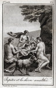Jupiterbarn som matas av geten Amalthee. Gravyr från 1819 i "Lettres a Emilie sur la mythologie" av Charles Albert Demoustier (1760-1801). Privat samling. av Anonymous Anonymous
