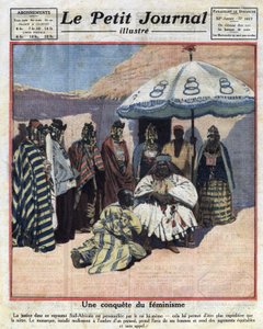 Upprätthållande av rättvisa och feminism i svarta afrikanska länder: en sydafrikansk kung rådgör med sina kvinnor innan han fäller dom. Illustration hämtad från "" Le petit journal"" från 1921-12-18 Samling privee av Anonymous Anonymous