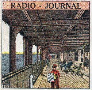 La T.S.F.: radio - tidning. Tidningsförsäljare på en liner. Anonym illustration från 1925. Privat samling. av Anonymous Anonymous