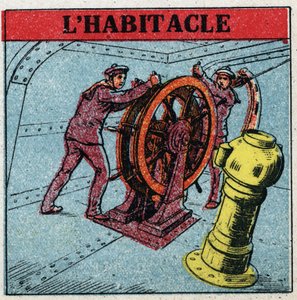 Landmagnetism: två sjömän som manövrerar rodret på ett fartyg och tittar på sittbrunnen, en kopparlåda där en kompakt är placerad. Anonym illustration från 1925. Privat samling. av Anonymous Anonymous