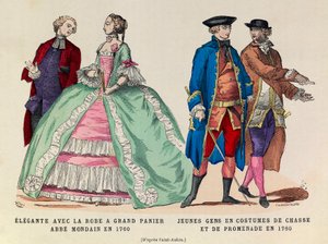 Vänster: Elegante med stor korgklänning, mondain abbe 1760/höger: Unga män i jakt- och promenaddräkt 1760 (regne av kung Ludvig XV) - privat samling av Anonymous Anonymous
