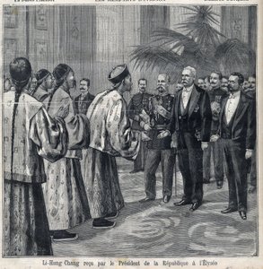 Li Hongzhang mottogs av republikens president Felix Faure (1841-1899) i Elyseepalatset. Gravyr i "Le Petite Parisien"" av Anonymous Anonymous