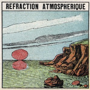 Ljusbrytning: Atmosfärisk brytning ger en illusion av att solen är större vid uppgång eller solnedgång än vid zenit. Anonym illustration från 1925. Privat samling. av Anonymous Anonymous