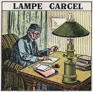 Ljuskällor: Carcel-lampa, uppfunnen av Guillaume Carcel (1750-1812) och med vegetabilisk olja. Anonym illustration från 1925. Privat samling. av Anonymous Anonymous