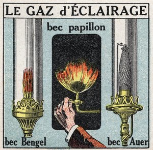Ljuskällor: tändgas och olika näbbar (fjärilspip, Bengelpip, Auerpip). Anonym illustration från 1925. Privat samling. av Anonymous Anonymous