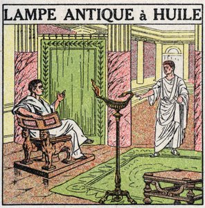 Ljuskällor: oljelampa som användes i antiken. Anonym illustration från 1925. Privat samling. av Anonymous Anonymous