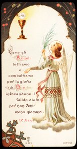Liksom änglarna kämpar och kämpar vi för Guds ära Fromma bild med en kalk och en värd där vi ser Jesu Kristi monogram, JHS (JHS). 1900-talets privata samling av Anonymous Anonymous