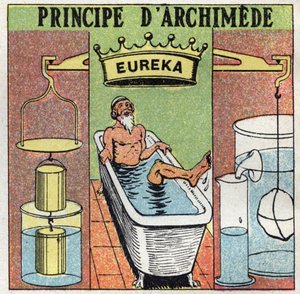 Vätskebalans: Archimedes princip (trycka kroppar i vatten). Medan han badade märkte Arkimedes från Syrakusa (287 f.Kr.-212 f.Kr.) att hans ben vägde tyngre ur vattnet än i vattnet och ropade ”Eureka! ". Anonym illustration från 1925. Pr av Anonymous Anonymous