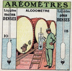 Vätskebalans: mäter densiteten av en alkohol med en alkoholometer (en aerometer används för alkohol). Anonym illustration från 1925. Privat samling. av Anonymous Anonymous