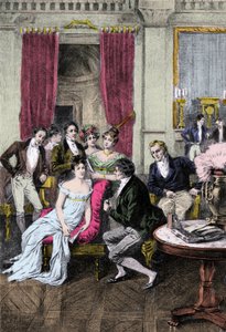 Litterär salong: "" Runt Madame Recamier"" Madame Juliette Recamier (1777-1849) omgiven av litterära och politiska personligheter: Charles Nodier (1780-1844), Francois Rene Viscount de Chateaubriand (1768-1848), Sophie Gay (175276-1846) ), Benjamin Constan av Anonymous Anonymous