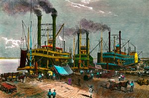 Laddar bomull på ångbåtar på Mississippi för New Orleans (New Orleans). Gravyr av 1800-talet. Privat samling av Anonymous Anonymous