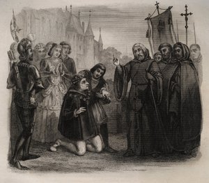 Ludvig XI (1423-1483) ber om hans guerison till Francois de Paule (1416-1507) Gravyr från 1846 i "De heligas liv"". Privat samling. av Anonymous Anonymous