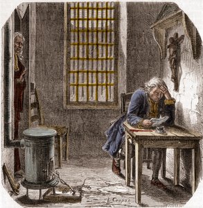 Ludvig XVI (1754-93) Läser sin sista testamente och testamente i templet 1792 - Ludvig XVI läser sitt testamente i templets torn den 25 december 1792 - Gravyr i "Histoire des Girondins" av Alphonse de Lamartine (1790-1869) 1865-1866 - Privata samlingar av Anonymous Anonymous