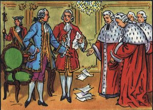 Ludvig XV (1710-1774), kung av Frankrike, bryter ner parlamentets beslut. Anonym illustration i ""Samling av Frankrikes suveräner och statschefer"". 1900-talet. Privat samling. av Anonymous Anonymous