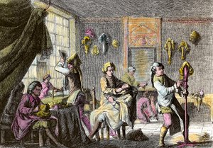 Louis XV mode: utsikt över interiören av en perukfrisör. Gravyr omkring 1755. Privat samling av Anonymous Anonymous