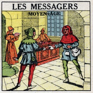 Mail: Budbärare under medeltiden. Anonym illustration av 1925. Privat samling. av Anonymous Anonymous