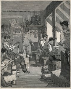 Tillverkning av kammar i en verkstad i Frankrike på 1800-talet. Gravyr från 1885 i "" Les arts et metiers illustres"" av Adolphe BITARD. av Anonymous Anonymous