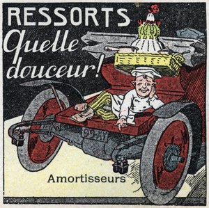 Mekanisk dragkraft: stötfjädrar i en bil. Anonym illustration från 1925. Privat samling. av Anonymous Anonymous