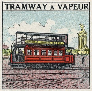 Mekanisk dragkraft: ångspårvagn dök upp i Paris i slutet av 1800-talet på Bastillelinjen - dörr Bapp. Anonym illustration från 1925. Privat samling. av Anonymous Anonymous
