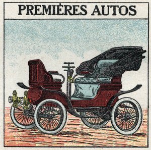 Mekanisk dragkraft: de första bensinbilarna som uppfanns 1895 av Panhard och Levassor. Anonym illustration från 1925. Privat samling. av Anonymous Anonymous