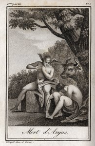 Merkurius och Argus (Mercury och Argus). Death of Argus: Merkurius spelad av flöjt för att somna Argus och befria nymfen Io, förvandlad till en ko. Gravyr från 1819 i "Lettres a Emilie sur la mythologie" av Charles Albert Demoustier (1760-1801). av Anonymous Anonymous