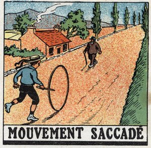 Rörelser: ryckande rörelse. Ett barn som leker med en båge. Anonym illustration från 1925. Privat samling. av Anonymous Anonymous
