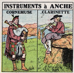 Musikinstrument: blåsinstrument vid höften. Pip- och klarinettspelare. Anonym illustration från 1925. Privat samling. av Anonymous Anonymous