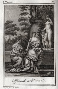 Erbjudande till Venus. Små kärlekar (angelots) samlas för att hylla gudinnan Afrodite. Gravyr från 1819 i "Lettres a Emilie sur la mythologie" av Charles Albert Demoustier (1760-1801). Privat samling. av Anonymous Anonymous