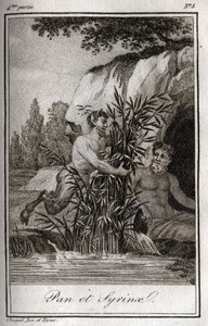 Pan och nymfen Syrinx förvandlades till vass (Pan och Nymph Syrinx). Gravyr från 1819 i "Lettres a Emilie sur la mythologie" av Charles Albert Demoustier (1760-1801). Privat samling. av Anonymous Anonymous