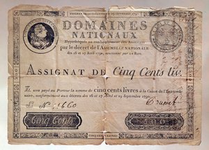 Papper utgivet under franska revolutionen: ett uppdrag på 500 pund från 1790. Privat samling av Anonymous Anonymous
