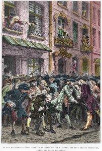 Paris IV arrondissement - Rue Quincampoix 1720 under John Laws system (1671 - 1729) - "" Uppståndelsen på rue Quincampoix"" (konkurs orsakad av Law) - Utsikt över rue Quincampoix med spekulanterna vid tiden för John Laws system, av Anonymous Anonymous
