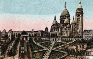 Paris: bergbana och basilikan Sacre Coeur (Sacre-Coeur) på Butte Montmartre. Fotografi från 1920 i "" Artistic Album"" av staden Paris. Privat samling. av Anonymous Anonymous