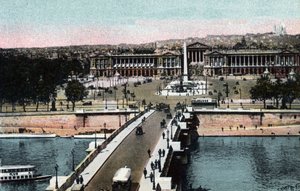 Paris: panoramautsikt över bron och Place de la Concorde med obelisken och kyrkan Madeleine som tagits till basilikan Sacre Coeur (Sacre-Coeur) i Montmartre. Till vänster, nuvarande Hotel Crillon och till höger, Hotel de la Marine av Anonymous Anonymous