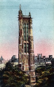 Paris: Saint Jacques Tower (Saint-Jacques) byggdes 1523. Fotografi från 1920 i "" Artistic Album"" av staden Paris. Privat samling. av Anonymous Anonymous