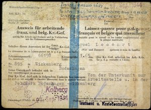 Andra världskrigets pass, "Pass" för fransk och belgisk VD som arbetar, 1944-09-25. av Anonymous Anonymous