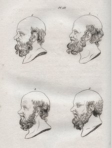 Physiognomy - Physiognomony - Flera huvuden för den grekiske filosofen Sokrates (ca 469 f.Kr.-399 f.Kr.) (Byst av Sokrates (ca 469 f.Kr.-399 f.Kr.), atensk filosof) gravyr från 1808 i "Konsten att känna människor genom fysiognomi" Johann Gaspar (Gaspard) L av Anonymous Anonymous