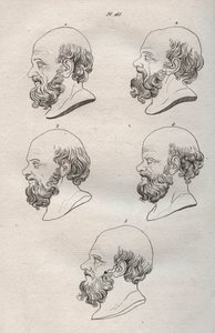 Physiognomy - Physiognomony - Flera chefer för den grekiske filosofen Sokrates (ca 469 f.Kr.-399 f.Kr.) (Byst av Sokrates (ca 469 f.Kr.-399 f.Kr.), atensk filosof) gravyr från 1808 i "Konsten att känna människor genom fysiognomi" Johann Gaspar (Gaspard) La av Anonymous Anonymous