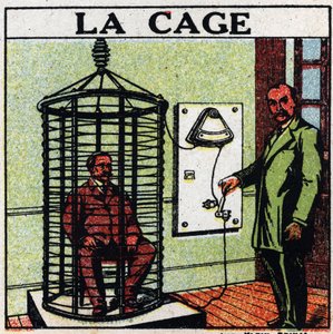 Fysiologiska effekter av elektrit: buren. Vård av en patient genom att föra elektricitet runt honom utan att röra honom, även kallad "självledningsmetoden". Anonym illustration från 1925. Privat samling. av Anonymous Anonymous