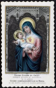 Fromme billede: Jesus som et barn i armene på sin mor Maria, med det hellige hjerte (gravering) av Anonymous Anonymous