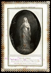 Fromma bild: "" Notre Dame de Lourdes"" Dentelee-kort. 1800-talet. Privat samling av Anonymous Anonymous