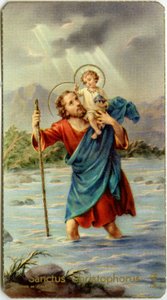 Fromma bild: St Christophorus korsar Jordan med den unge Jesus på ryggen (kromolitografi) av Anonymous Anonymous