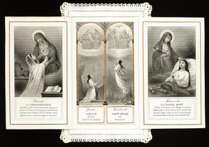 Fromma bild: "" uthållighet, kärlek till Jesus och Maria, paradisets heliga längtan, den goda döden"" Dentelee-kort i tryptik. 1800-talets privatsamling av Anonymous Anonymous