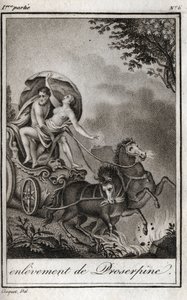 Pluto (Hades) tar Persephone (Proserpine) framför sin mamma, Ceres (Demeter), och tar honom till underjordens rike. Pluto bär bort Persefone till sitt rike, underjorden, i grekisk mytologi. Gravyr från 1819 i ”Lettres a Emilie s av Anonymous Anonymous