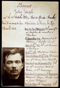 Polisblad av kriminella Jules Bonnot (1876-1912) (Bonnot band) med lista över brott av Anonymous Anonymous