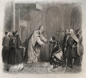 Påven St. Pius V (Pius eller Pio) (1566-1572) tar emot vinnaren av slaget vid Lepante. Gravyr från 1846 i "" Lives of the saints"". Privat samling. av Anonymous Anonymous
