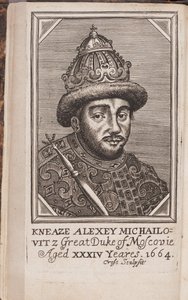 Porträtt av Alexis I Mikhailovitch de Russie (1629-1676), dit le tsar tres paisible (Porträtt av tsaren Alexis I Mikhailovich av Ryssland) - Etsning från ""The Present State of Russia"" av Samuel Collins av Anonymous Anonymous
