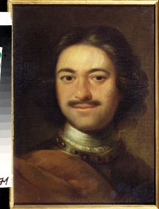 Porträtt av kejsaren Peter I den store (1672-1725) (Porträtt av kejsaren Peter I den store). Anonym målning. Olja på duk, 48,5 x 37 cm, tidigt 1700-tal. Klassicism. State Central Navy Museum, Sankt Petersburg. av Anonymous Anonymous